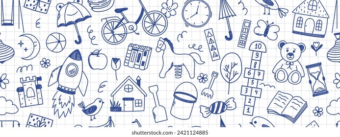 Seamless pattern with kindergarten doodle elements. Horse, hopscotch, toys, rocket, umbrella, house, book and other elements. Scribbled with chalk texture.