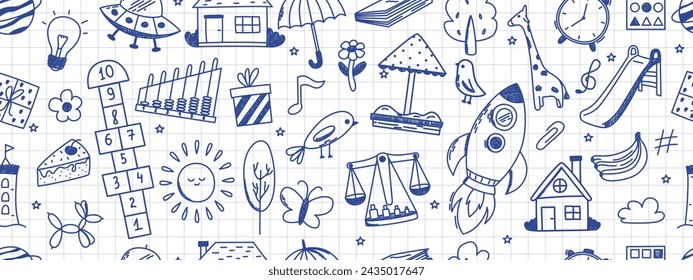 Seamless pattern with kindergarten doodles. Butterfly, toys, flower, umbrella, house, sun, tree, animals and other elements. Scribbled with chalk texture.
