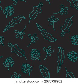 Seamless pattern kinds of leaves on dark background Design for fabric, wallpaper, wrapping paper, invitation card.