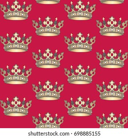 Seamless Pattern with King Crown. Golden Crown on a red background.