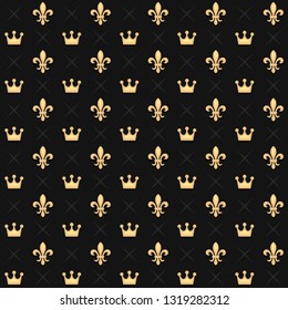 Seamless Pattern with King Crowns and Royal Heraldic Fleur de Lys Lily on Dark Background. Vector