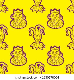 Seamless pattern of king jester's face contour spot on yellow background. Vector image eps 10