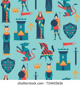 Seamless pattern with king, queen, soldier, sword, castle, shield, crown. horse and dragon. Vector illustration.