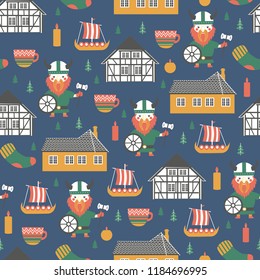 Seamless pattern Kingdom of Denmark vector, Nordic colorful background, landmark Museum Of Hans Christian Andersen, Funen village of Odense, decorative danish symbols viking, tree, candles for design