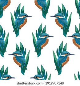 Seamless pattern kingfisher and leaves illustration print fabric  vector