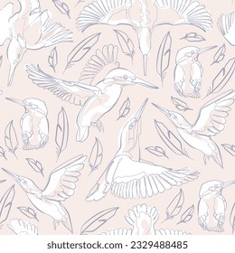Seamless pattern with Kingfishers and feathers. Vector illustration.
