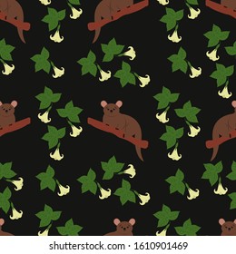 Seamless pattern with kinkajou and tropical flowers. Vector.