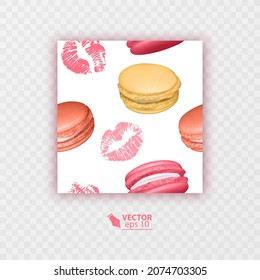 Patrón sin foco con galletas de beso y macarón, patrón transparente dulce