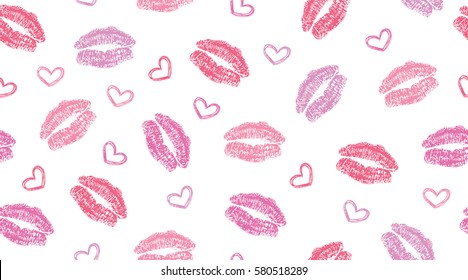 Seamless Pattern With Kisses And Hearts On White Background