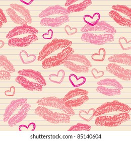 seamless pattern with kisses and hearts on realistic paper