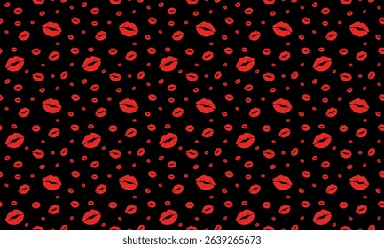 Seamless pattern of kisses on a black background. Lip prints. Seamless background.