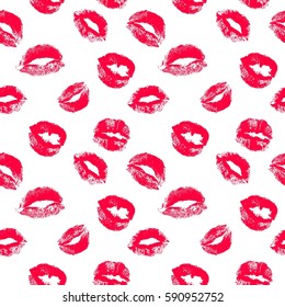 Seamless pattern with kisses. Vector lip prints on white background