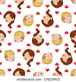 Seamless pattern of kissing boy and girl. Liking hearts envelops them. Vector illustration