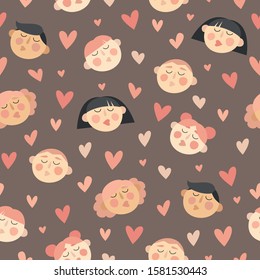 Seamless pattern with kissing faces. St. Valentine's Day vector texture. Beautiful pattern with people in love