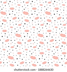 Seamless pattern with kissing lips, hearts and dots. Valentines day concept