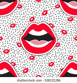 Seamless pattern with kissing lips and open mouth. Cute vector art in badges, stickers, pins, patches style, inspired by cartoon comic style of 80s-90s.