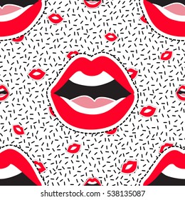 Seamless pattern with kissing lips and open mouth. Cute vector art in badges, stickers, pins, patches style, inspired by cartoon comic style of 80s-90s.