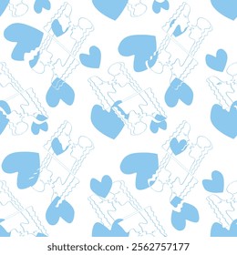 Seamless pattern with kissing people and blue hearts. Line art, doodle, outline abstract kiss as symbol of love. We are connected. Simple vector background, texture