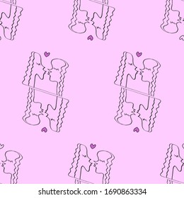 Seamless pattern with kissing people. Line art, doodle, outline abstract kiss as symbol of love. We are connected. Simple vector background, texture
