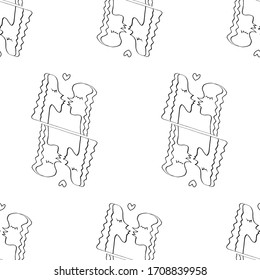 Seamless pattern with kissing people. Line art, doodle, outline abstract kiss as symbol of love. We are connected. Simple vector background, texture
