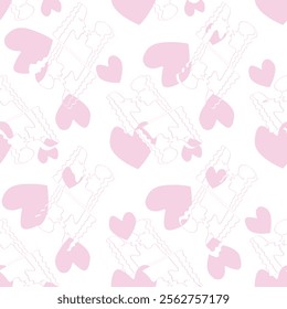 Seamless pattern with kissing people and pink hearts. Line art, doodle, outline abstract kiss as symbol of love. We are connected. Simple vector background, texture.