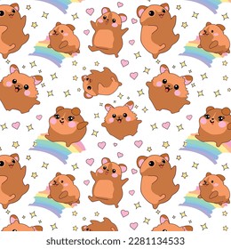 Seamless pattern with  kit collection vector illustration cute cartoon hamsters kawaii chibi style Emoji character sticker emoticon smile emotion mascot sleep rainbow