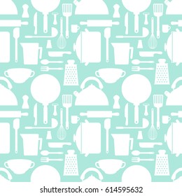 Seamless pattern with kitchen accessories. Mint Background. Vector illustration.