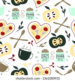Seamless pattern with kitchen accessories and pizza . Food background. Restaurant menu. Salt and pepper.