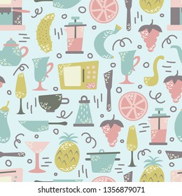 Seamless pattern with kitchen appliances in a flat cartoon style. Background for design. Cooking