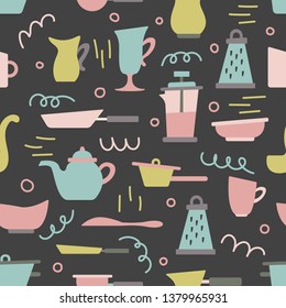 Seamless pattern with kitchen appliances in a flat cartoon style. Background for design. Cooking