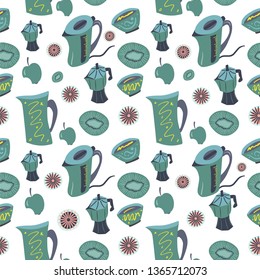 Seamless pattern of kitchen appliances and fruits illustration