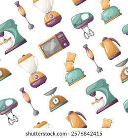 Seamless pattern of kitchen appliances hand drawn in cartoon style. Vector illustration