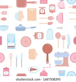 nahtlose Muster, Küchengeräte, Haushaltsgeräte, Kaffeemaschine, Kaffeemaschine, Mixer, Mixer, Gabeln, Löffel, Spateln, Töpfe, Pfannen, Mehl, Zucker, Bild der Vektorillustration von Salz einzeln auf weißem Hintergrund,