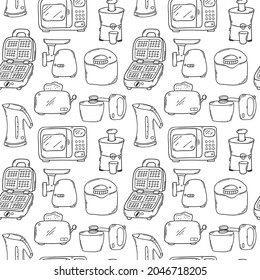 Nahtloses Muster mit Küchengeräten. Mikrowelle, Wasserkocher, Toaster, Dampfmaschine, Waffeleisen, Mixer. Monochrome Hintergrundbilder mit einfachen handgezeichneten Outline-Doodle-Elementen. Schwarz-Weiß-Vektorgrafik
