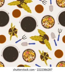 Seamless pattern of kitchen composter, metal bucket, flower pot, shovel, rake, flower pot, houseplant, and hand lettering. Concept of eco gardening, tools for growing plants, houseplants, composting.