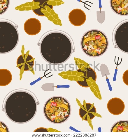 Seamless pattern of kitchen composter, metal bucket, flower pot, shovel, rake, flower pot, houseplant, and hand lettering. Concept of eco gardening, tools for growing plants, houseplants, composting.
