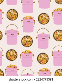 Seamless pattern of kitchen composter, with organic waste. Ecological recycling, responsible consumption. Organic waste for domestic composting.