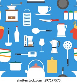 Seamless pattern of kitchen cooking equipment icons, vector wallpaper