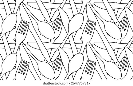 Padrão contínuo de cutelaria de cozinha outlines.knife, garfo, colher em arranjo aleatório. Vetor desenhado à mão para restaurante, menu, utensílios de cozinha ou fundos temáticos de comida.
