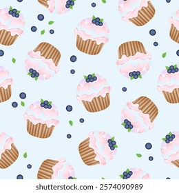 Seamless pattern for kitchen decor and more. Delicious cupcake with whipped cream and blueberry. Vector cartoon illustration of sweet food.