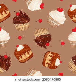 Seamless pattern for kitchen decor and more. Delicious cupcake with whipped cream and cherry. Vector cartoon illustration of sweet food.