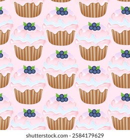 Seamless pattern for kitchen decor and more. Delicious cupcake with whipped cream and blueberry. Vector cartoon illustration of sweet food.