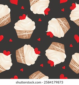 Seamless pattern for kitchen decor and more. Delicious cupcake with whipped cream and caramel heart. Vector cartoon illustration of sweet food.