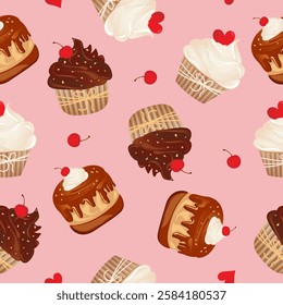 Seamless pattern for kitchen decor and more. Delicious cupcake with whipped cream and cherry. Vector cartoon illustration of sweet food.