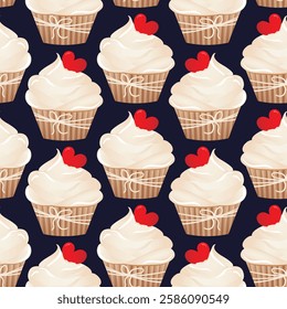 Seamless pattern for kitchen decor and more. Delicious cupcake with whipped cream and caramel heart. Vector cartoon illustration of sweet food.