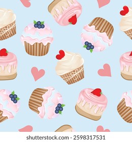 Seamless pattern for kitchen decor and more. Delicious cupcake with whipped cream and blueberry, strawberry, heart. Vector cartoon illustration of sweet food.