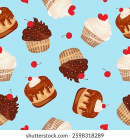 Seamless pattern for kitchen decor and more. Delicious cupcake with whipped cream and cherry. Vector cartoon illustration of sweet food.