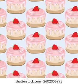 Seamless pattern for kitchen decor and more. Delicious cupcake with whipped cream and strawberry. Vector cartoon illustration of sweet food.