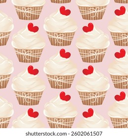 Seamless pattern for kitchen decor and more. Delicious cupcake with whipped cream and caramel heart. Vector cartoon illustration of sweet food.