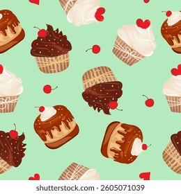 Seamless pattern for kitchen decor and more. Delicious cupcake with whipped cream and cherry. Vector cartoon illustration of sweet food.